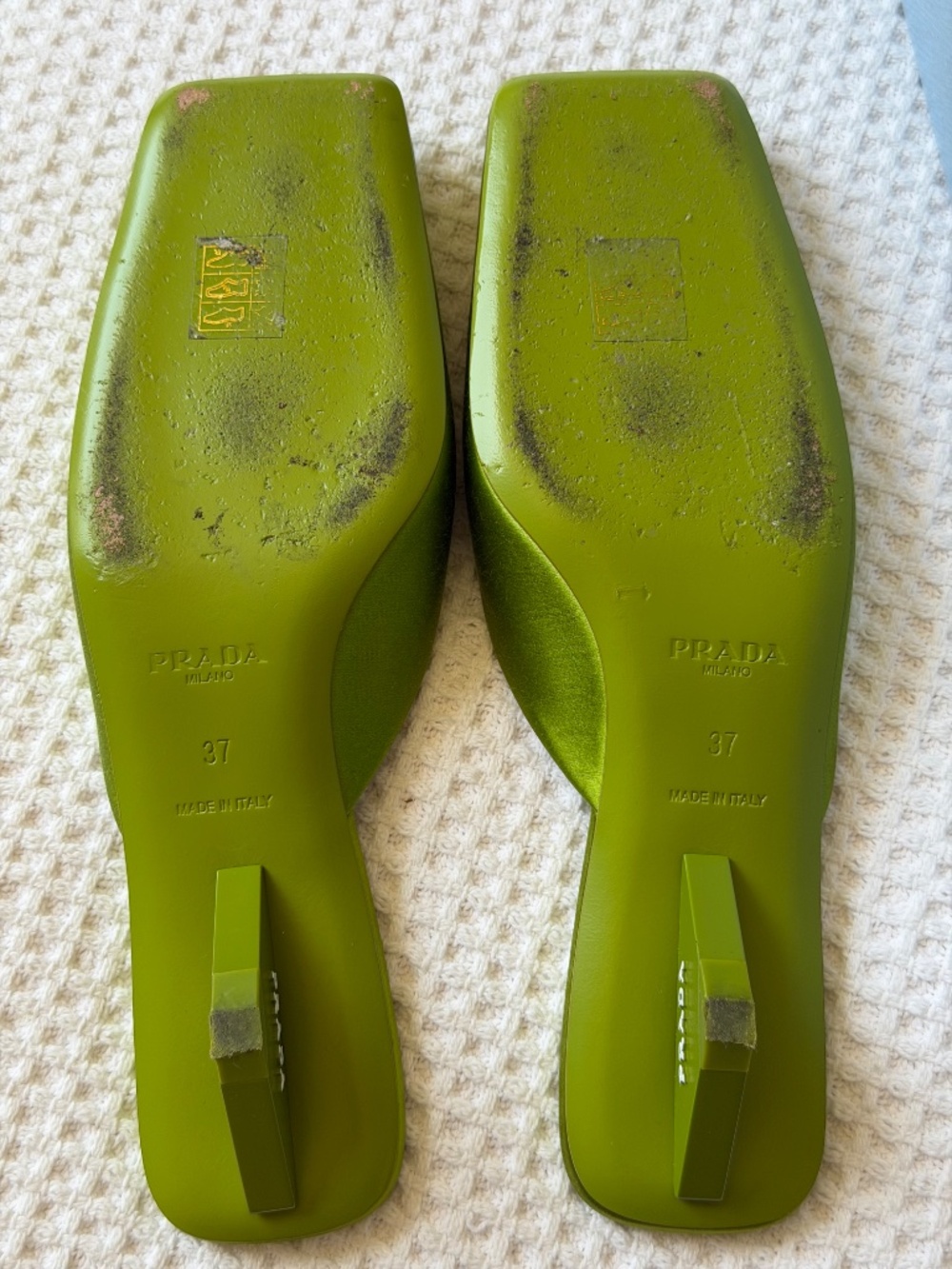 Prada Felce Green Satin Square Toe Mules Heels Size 37 - Picture 11 of 12